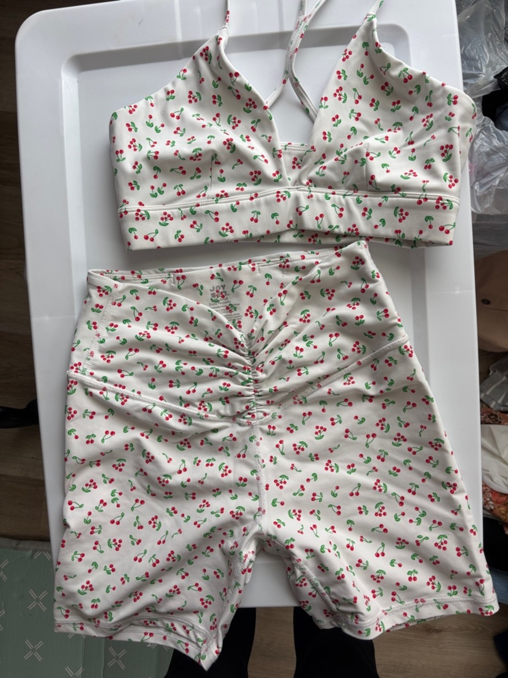 JoyLab White Cherry Print Sports Bra & Bike Shorts Set